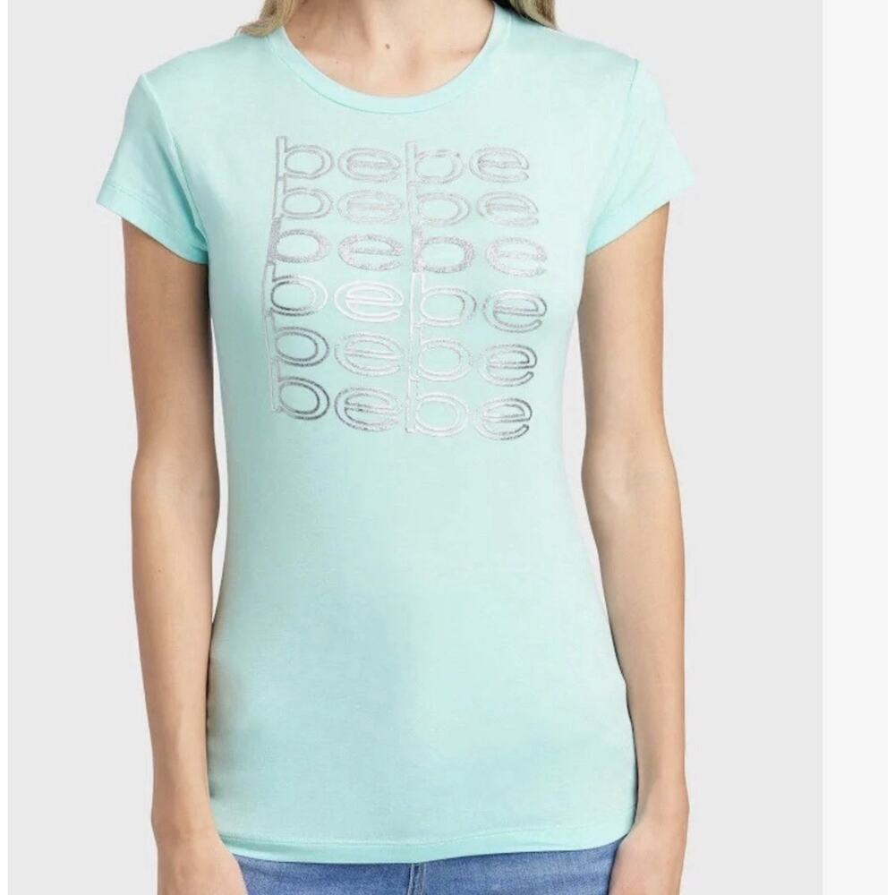 NWT Bebe Silver Logo Tops Tshirt Color Aqua, Size M